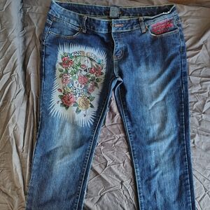 Ed Hardy Blue Jeans with Colorful Skull Embroidery
